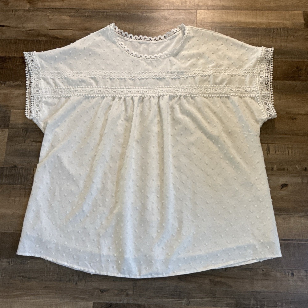 Dokotoo Lace Crochet Crewneck Short Sleeve Blouse 2x Beach Button Up Back